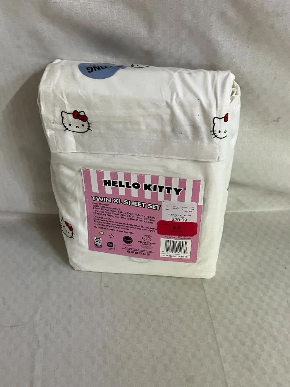 Hello Kitty Twin XL Sheet Set White Pink 100% Cotton 3 Piece Sanrio Bedding